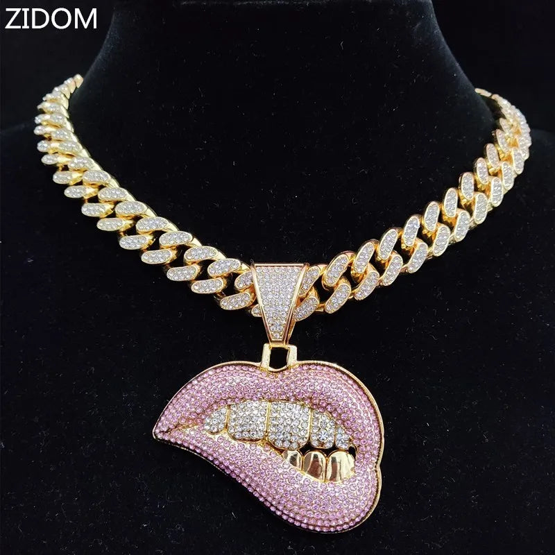 Men Women Hip Hop Bite Lip Shape Pendant Necklace with 13mm Crystal Cuban Chain Iced