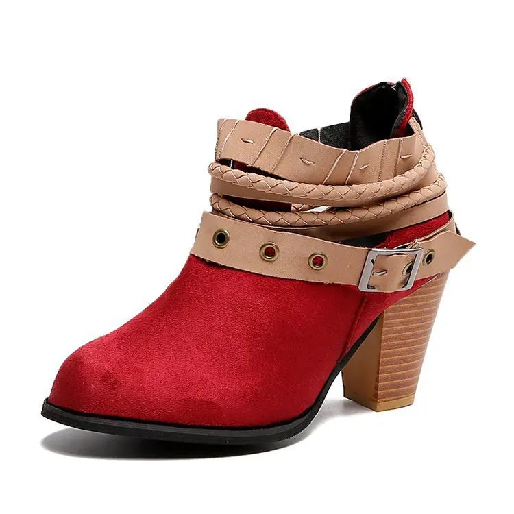 Women Boot Fashion Casual Ladies Shoes Buckle Fashions Boots Suede Leather Buckle Boots High Heeled Zipper Snow Shoes