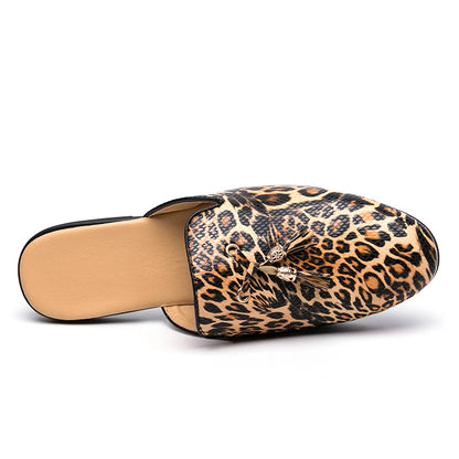 Men Leather Casual Leopard Mules Slippers Breathable Males