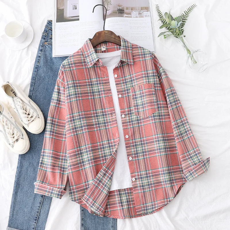 Plaid Shirt New Boutique Ladies Loose Blouse