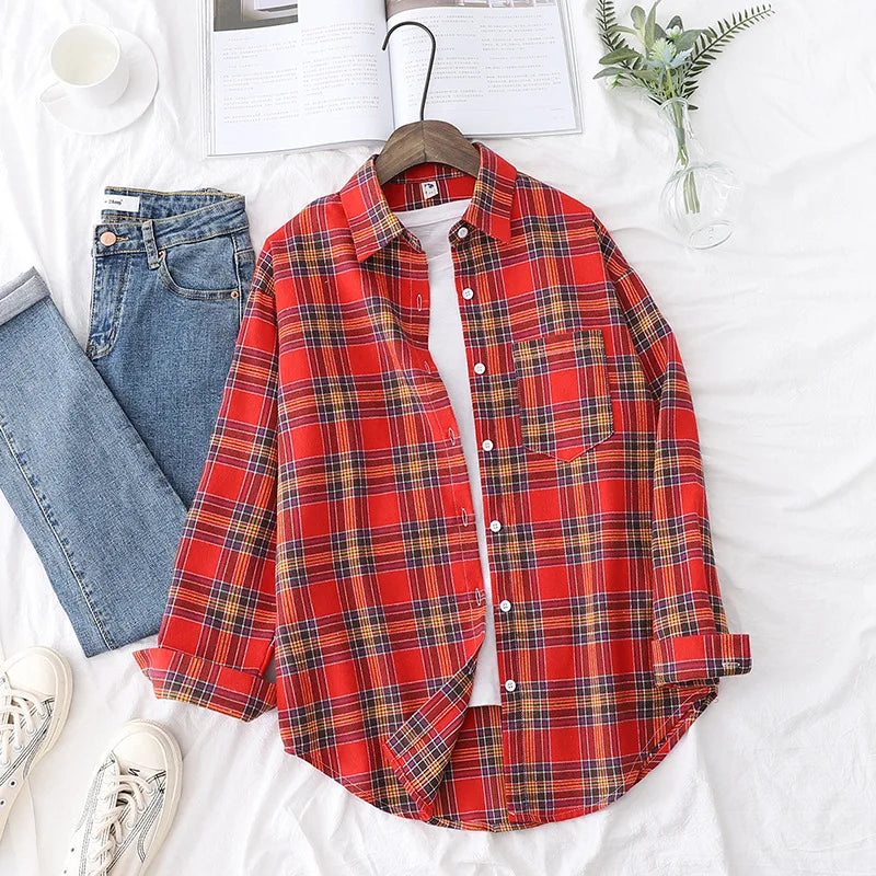 Plaid Shirt New Boutique Ladies Loose Blouse