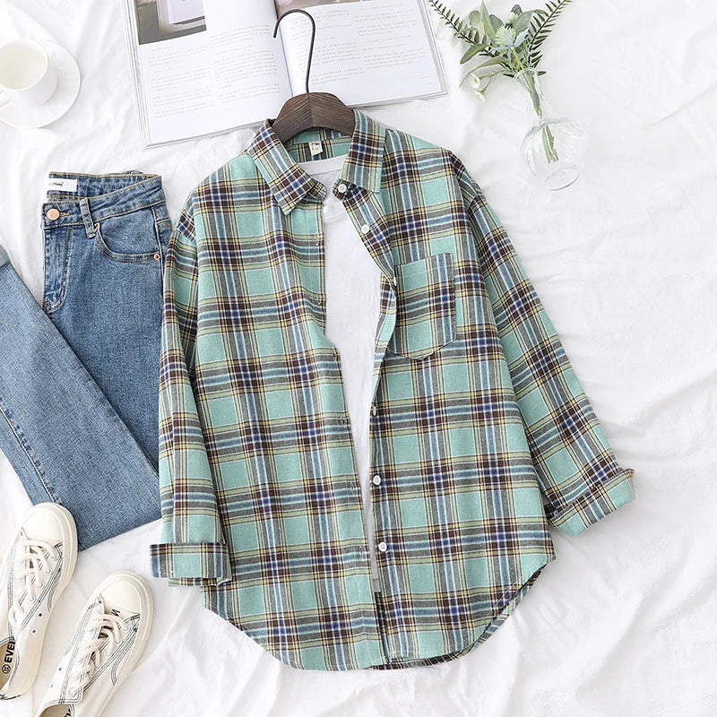 Plaid Shirt New Boutique Ladies Loose Blouse