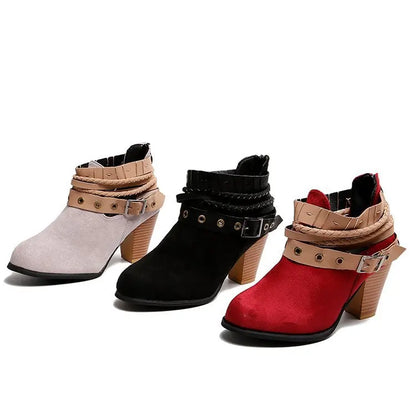 Women Boot Fashion Casual Ladies Shoes Buckle Fashions Boots Suede Leather Buckle Boots High Heeled Zipper Snow Shoes