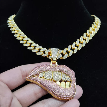 Men Women Hip Hop Bite Lip Shape Pendant Necklace with 13mm Crystal Cuban Chain Iced