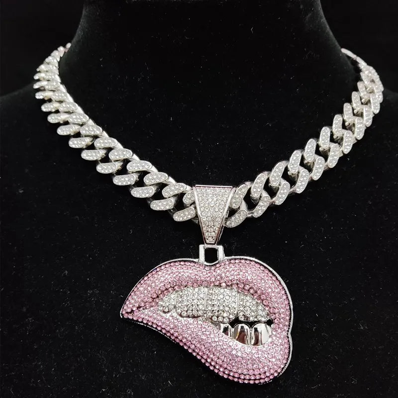 Men Women Hip Hop Bite Lip Shape Pendant Necklace with 13mm Crystal Cuban Chain Iced