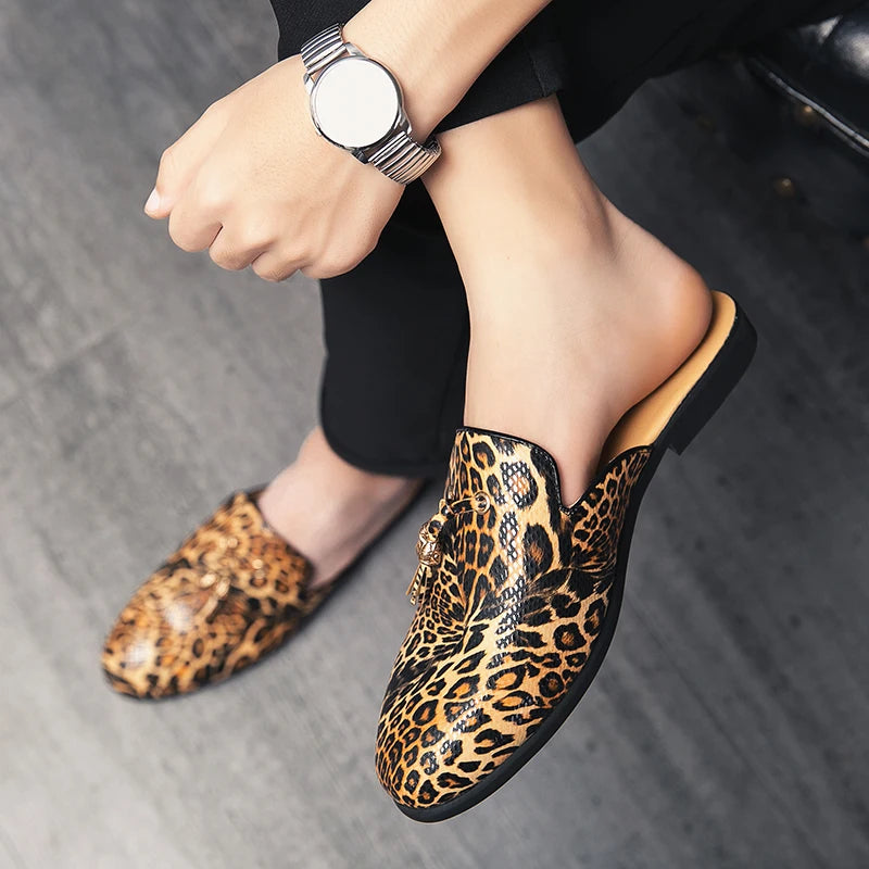 Men Leather Casual Leopard Mules Slippers Breathable Males