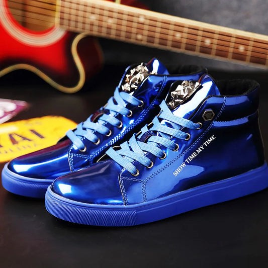 British Style Blue Shiny Mens Shoes Casual Hip Hop Luxury