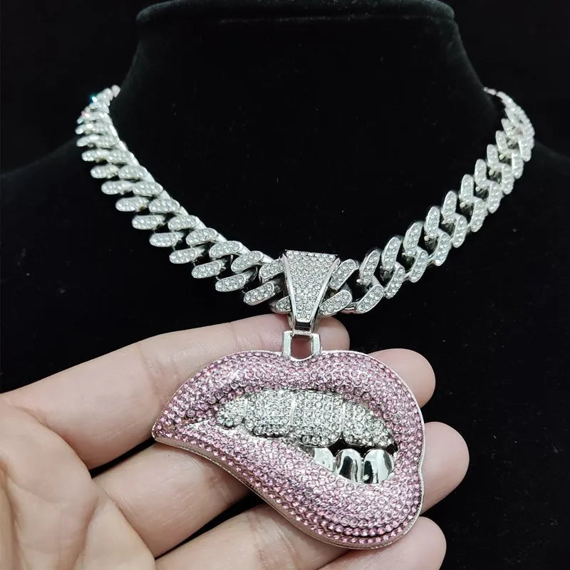 Men Women Hip Hop Bite Lip Shape Pendant Necklace with 13mm Crystal Cuban Chain Iced