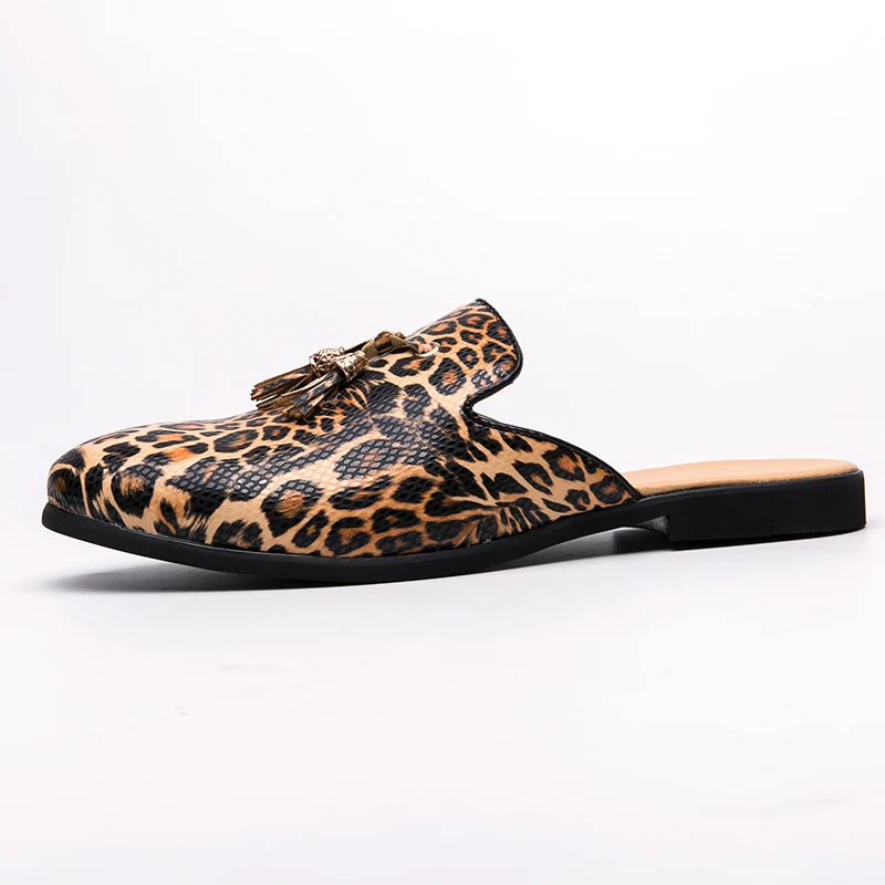 Men Leather Casual Leopard Mules Slippers Breathable Males