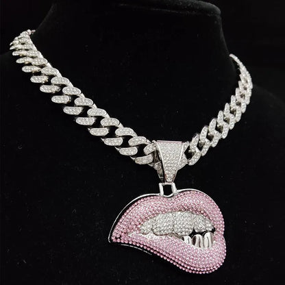 Men Women Hip Hop Bite Lip Shape Pendant Necklace with 13mm Crystal Cuban Chain Iced