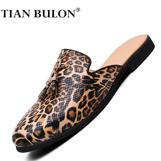 Men Leather Casual Leopard Mules Slippers Breathable Males