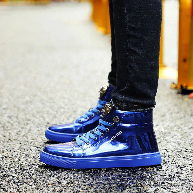 British Style Blue Shiny Mens Shoes Casual Hip Hop Luxury