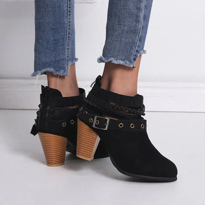 Women Boot Fashion Casual Ladies Shoes Buckle Fashions Boots Suede Leather Buckle Boots High Heeled Zipper Snow Shoes