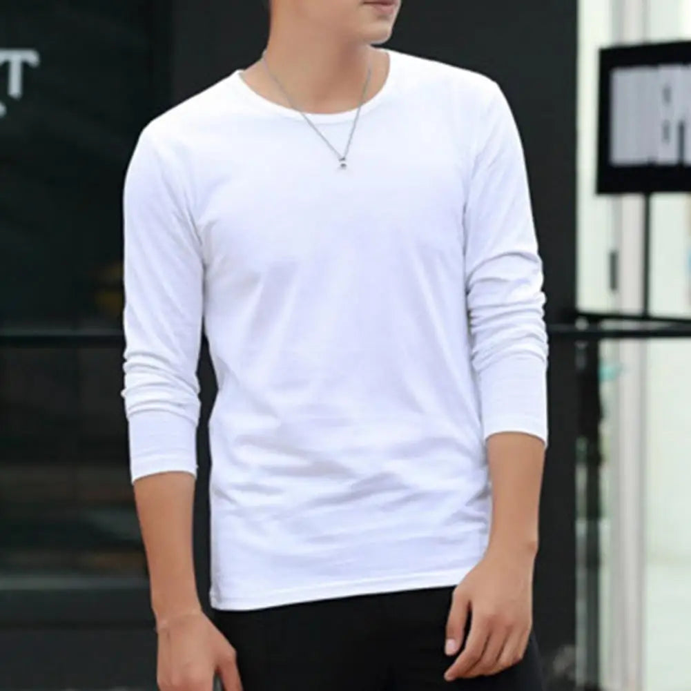 Long Sleeve Spring Autumn Tops Men's T-shirt O-neck Solid Elastic Pullover