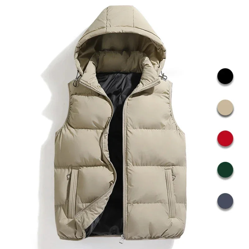 Winter Thicken Cotton Vests Jacket Coat Men Warm Detachable Hat Outwear