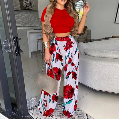 Summer Women Two Piece Sets Elegant Print Office Lady Outfits Elegant Neck Short Sleeve Shirt Pullover + Wide Leg Pants Suits