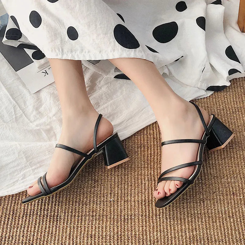 Women High Heel Sandals Summer Casual Square Heel Open Toe