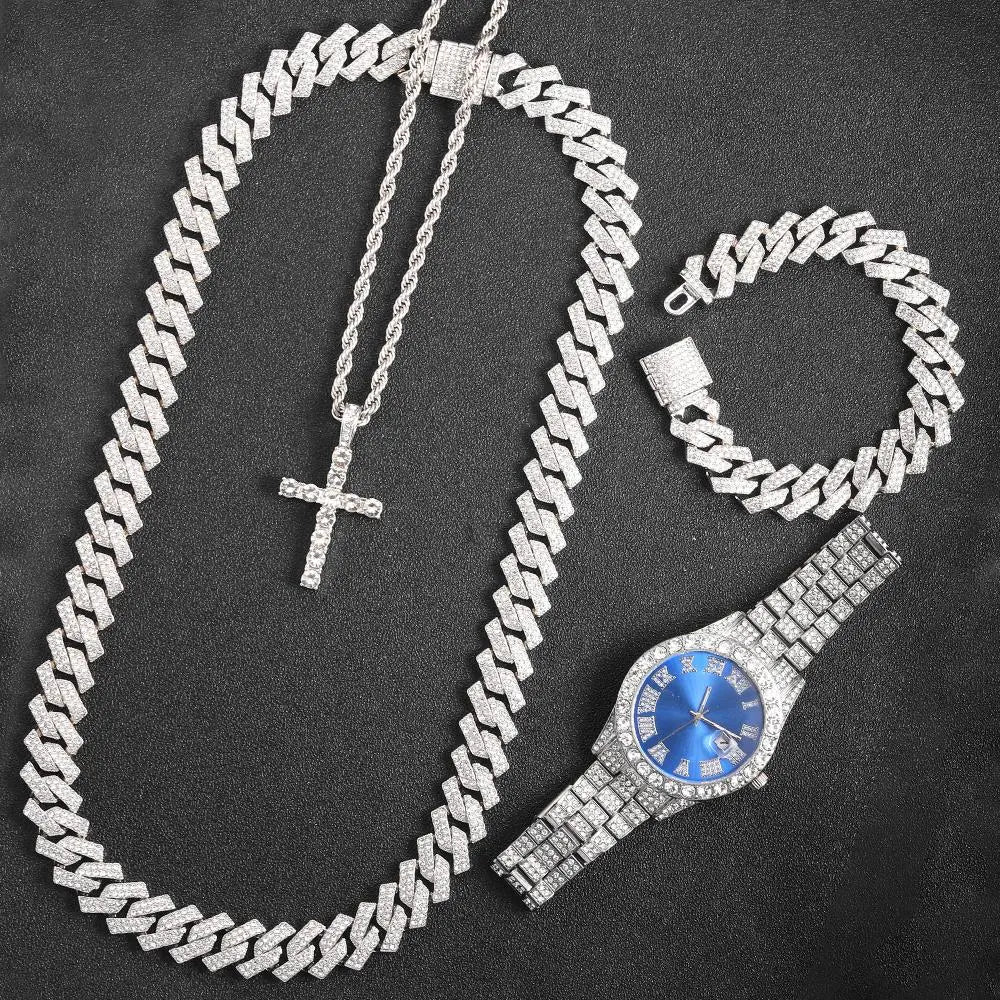 16mm Hip Hop Miami Cuban Link Chain Set Necklace +Watch+Bracelet Creative Iced