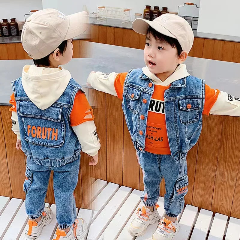 Casual Spring Autumn Baby Boys Girls Outfits Suit Children Denim Vest Hoodie Jeans 3Pcs Boys Sets Children Sets 1-7Y