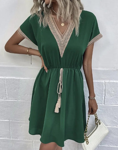 Elegant Women's White Dresses 2024 Summer Solid Short Sleeve Lace V-Neck Waistband Female Beach Midi Dress