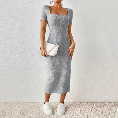 Solid Color Square Neckline Dress Elegant Square Neck Knitted Midi Dress for Women Solid Color Party Commute Dress with Short