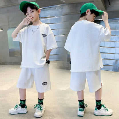 Kids Clothes Boys Summer Jacquard Weave T-Shirt & Shorts 2 Pieces Set Teenage Boy Ventilate Tracksuit Stereoscopic Lines Outfit