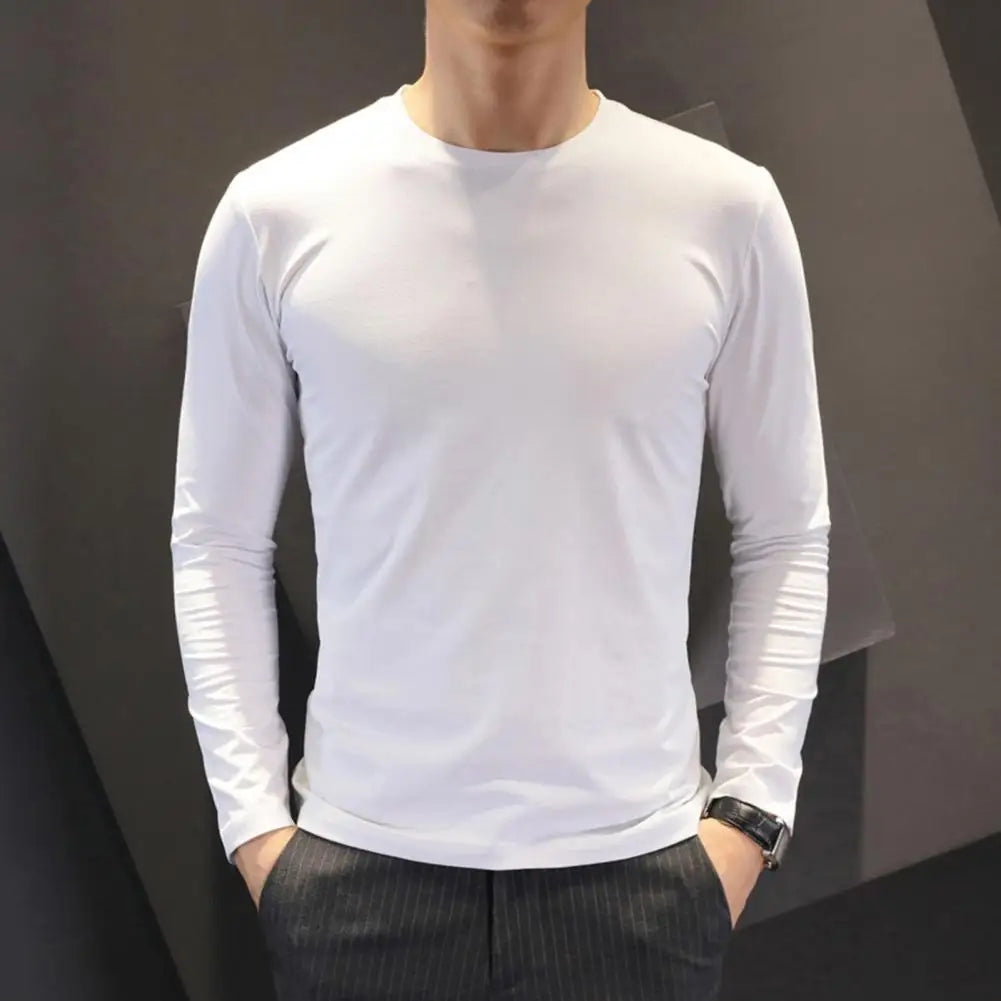 Long Sleeve Spring Autumn Tops Men's T-shirt O-neck Solid Elastic Pullover