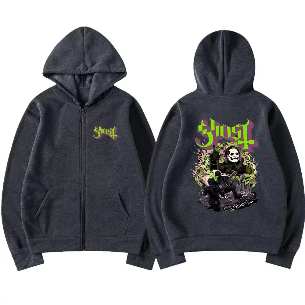 Ghost Band Zipper Hoodie Men Hip Hop Oversized Fashion Cartoon Anime Graphic Print Zip Up Hoodies Male Rock Gothic Sweatshirts