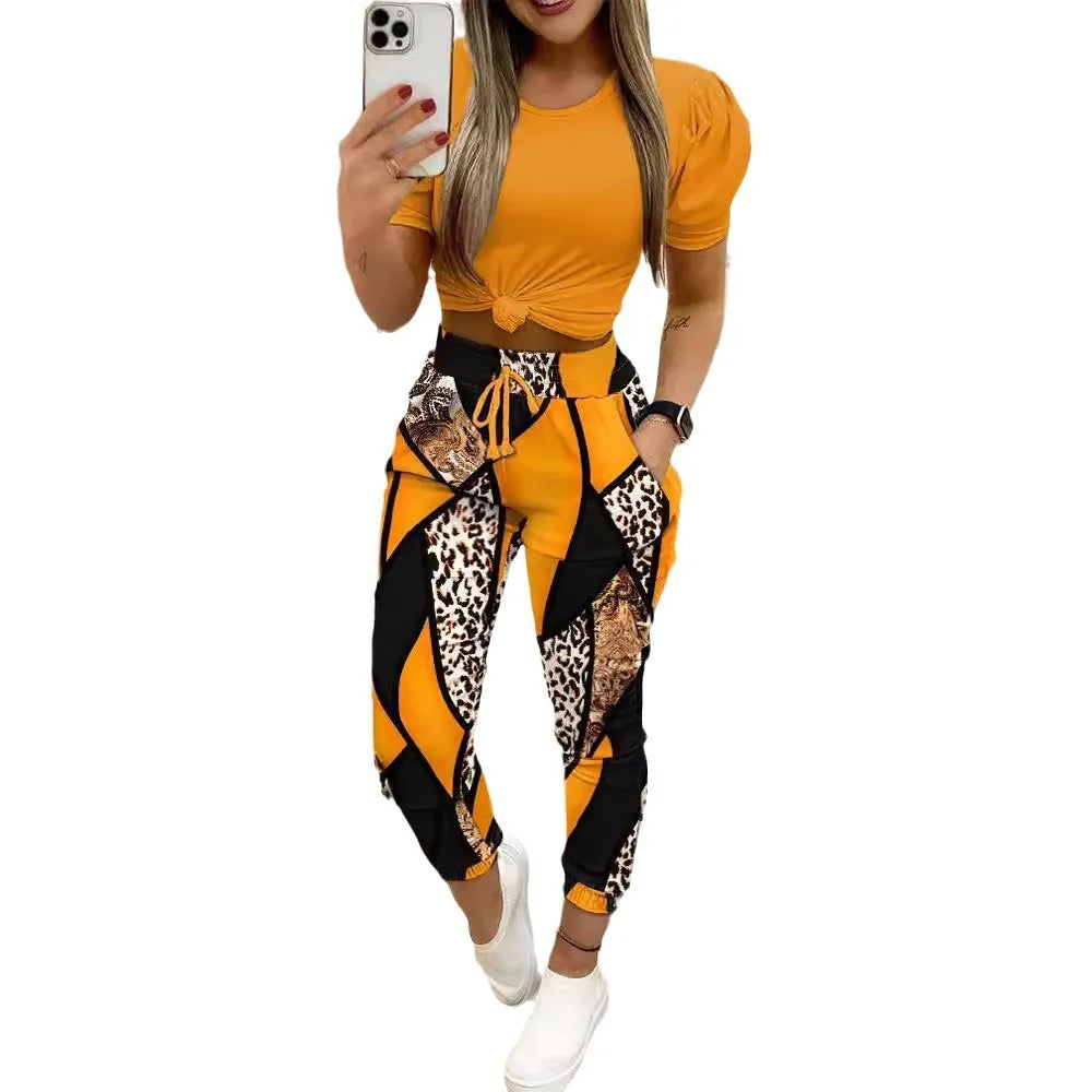 Fashion Short Sleeve Shirt Trousers Set Office Lady Casual Loose Round  Neck Letter Print Color Two Piece Set Women Outfit 2024