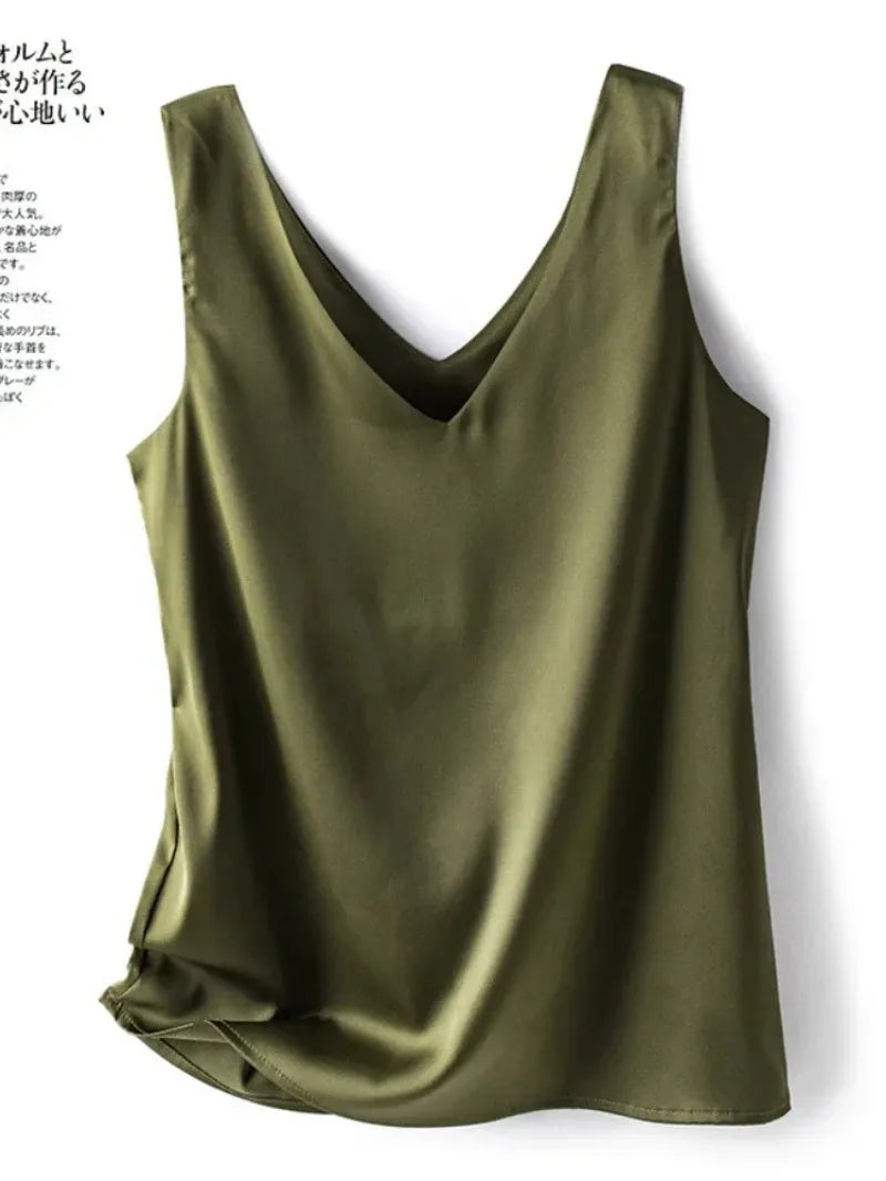 Woman T-shirts Elegant SILK Satin Blouse Sleeveless Female Summer 2024 Casual Loose Tanks and Camis Solid Green Tops for Women