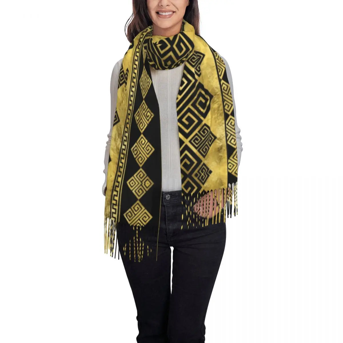 Greek Meander Scarf Wrap Women Long Winter Fall