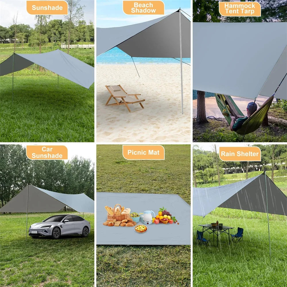 Camping Sunshade with Poles Waterproof Lightweight Rain UV Resistant Shelter for Garden Picnic Hiking Beach Outdoor Activities