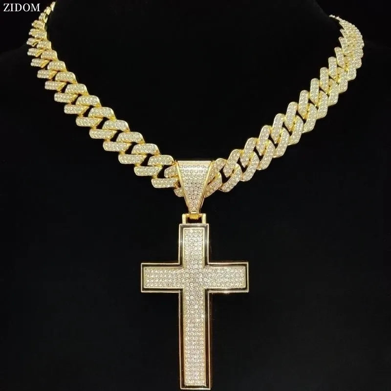 Men Women Hip Hop Cross  Pendant Necklace with 14mm Cuban Chain Iced out pendants Necklaces Fashion Punk Jewelry Gifts