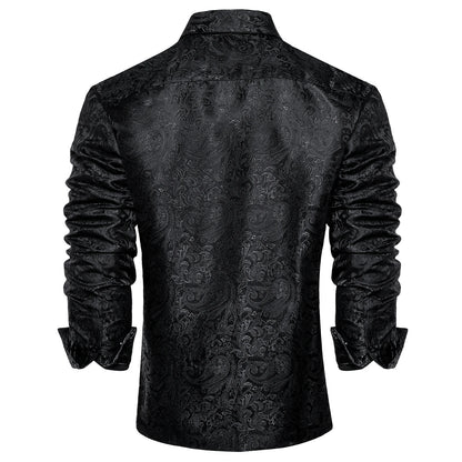 Black Paisley Silk Tuxedo Social Shirt Luxury Designer Men Clothing