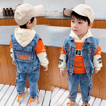 Casual Spring Autumn Baby Boys Girls Outfits Suit Children Denim Vest Hoodie Jeans 3Pcs Boys Sets Children Sets 1-7Y