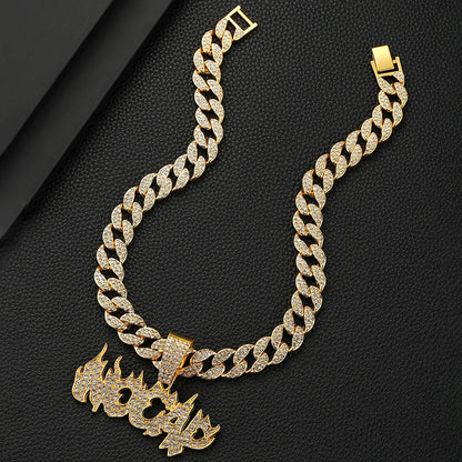 Purple Cuban Chain Jewelry Rhinestone Hip Hop Flame Plating Gun Silver Gold-color