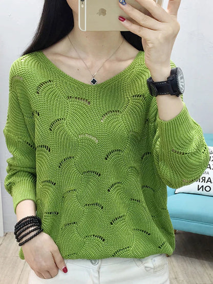 V-neck Elegant Hollow Out Sweet Knitting Top Women Solid