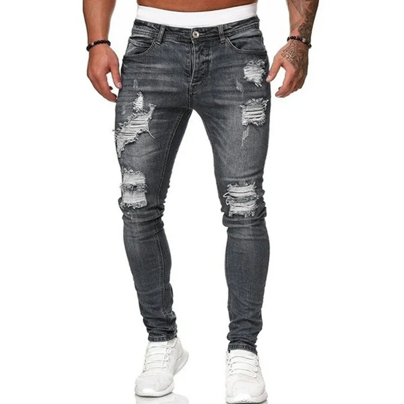 Street Style Ripped Skinny Jeans Men Vintage wash Solid Casual Slim fit