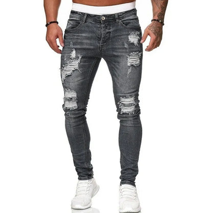 Street Style Ripped Skinny Jeans Men Vintage wash Solid Casual Slim fit