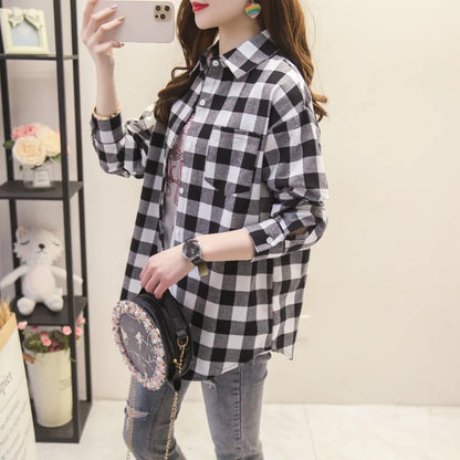 Plaid Shirt New Boutique Ladies Loose Blouse