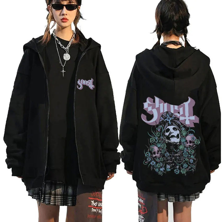 Ghost Band Zipper Hoodie Men Hip Hop Oversized Fashion Cartoon Anime Graphic Print Zip Up Hoodies Male Rock Gothic Sweatshirts