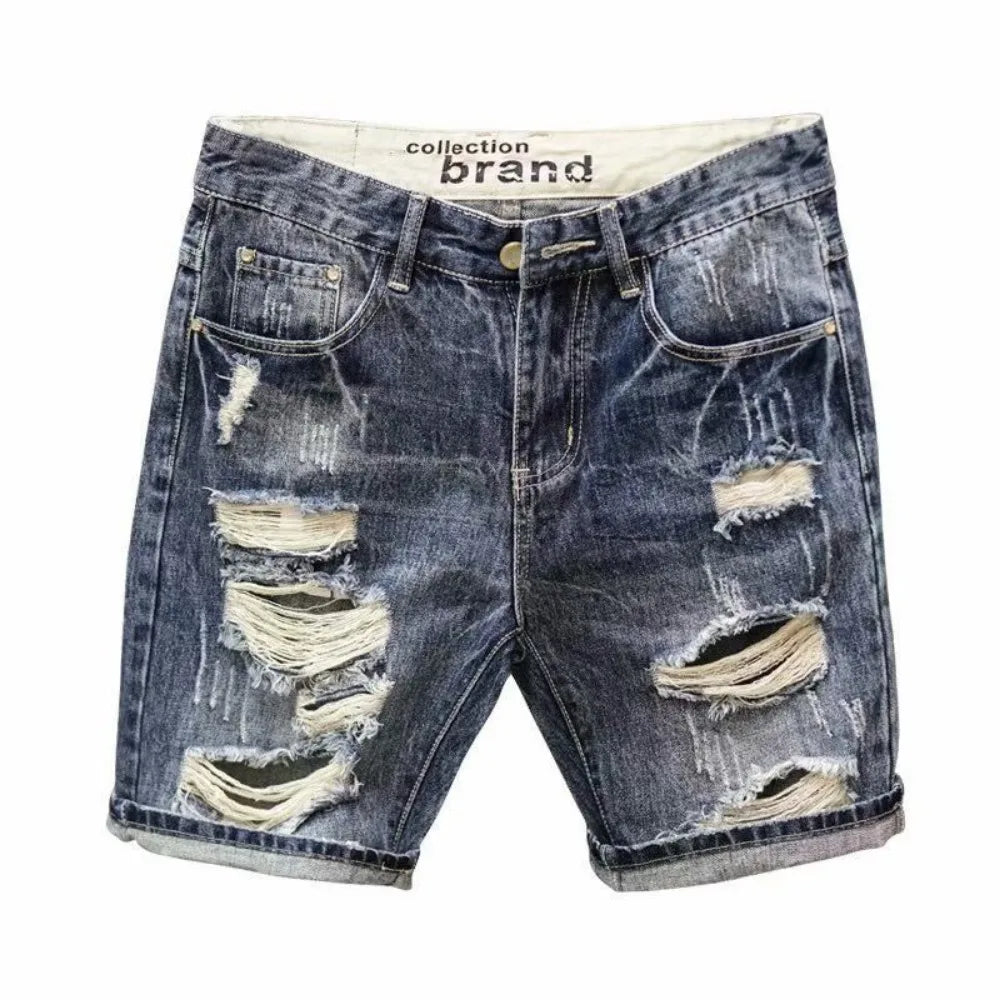 Men's Ripped Denim Shorts Fashionable Summer Slim Shorts Pants with Distressed Ripped