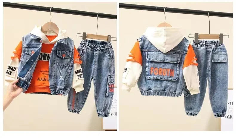 Casual Spring Autumn Baby Boys Girls Outfits Suit Children Denim Vest Hoodie Jeans 3Pcs Boys Sets Children Sets 1-7Y