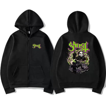 Ghost Band Zipper Hoodie Men Hip Hop Oversized Fashion Cartoon Anime Graphic Print Zip Up Hoodies Male Rock Gothic Sweatshirts