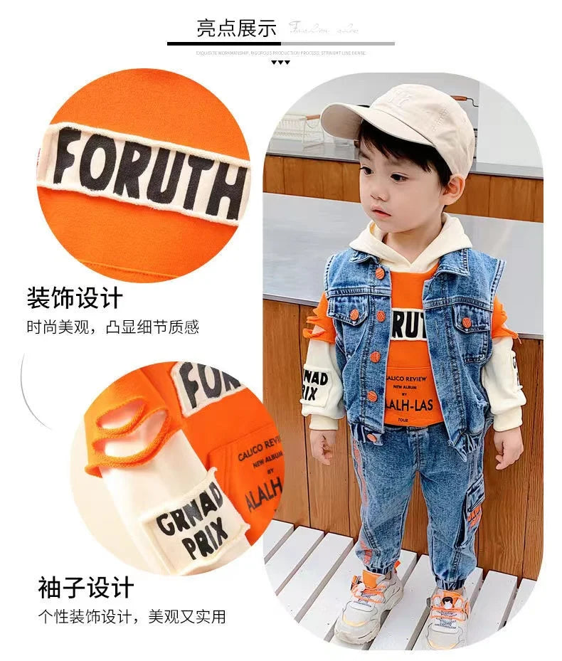 Casual Spring Autumn Baby Boys Girls Outfits Suit Children Denim Vest Hoodie Jeans 3Pcs Boys Sets Children Sets 1-7Y