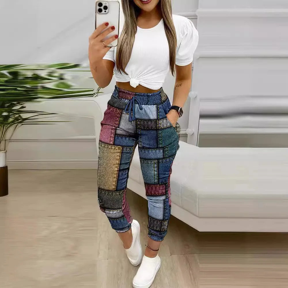 Fashion Short Sleeve Shirt Trousers Set Office Lady Casual Loose Round  Neck Letter Print Color Two Piece Set Women Outfit 2024