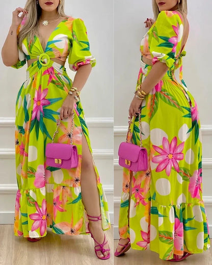 Summer Women Dress Ladies Fashion Tie Dyed Floral Printed Cut out