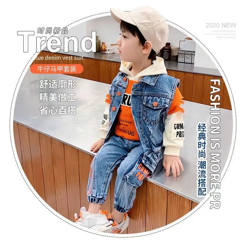 Casual Spring Autumn Baby Boys Girls Outfits Suit Children Denim Vest Hoodie Jeans 3Pcs Boys Sets Children Sets 1-7Y