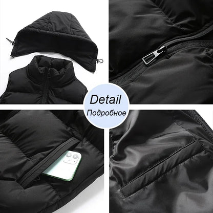 Winter Thicken Cotton Vests Jacket Coat Men Warm Detachable Hat Outwear