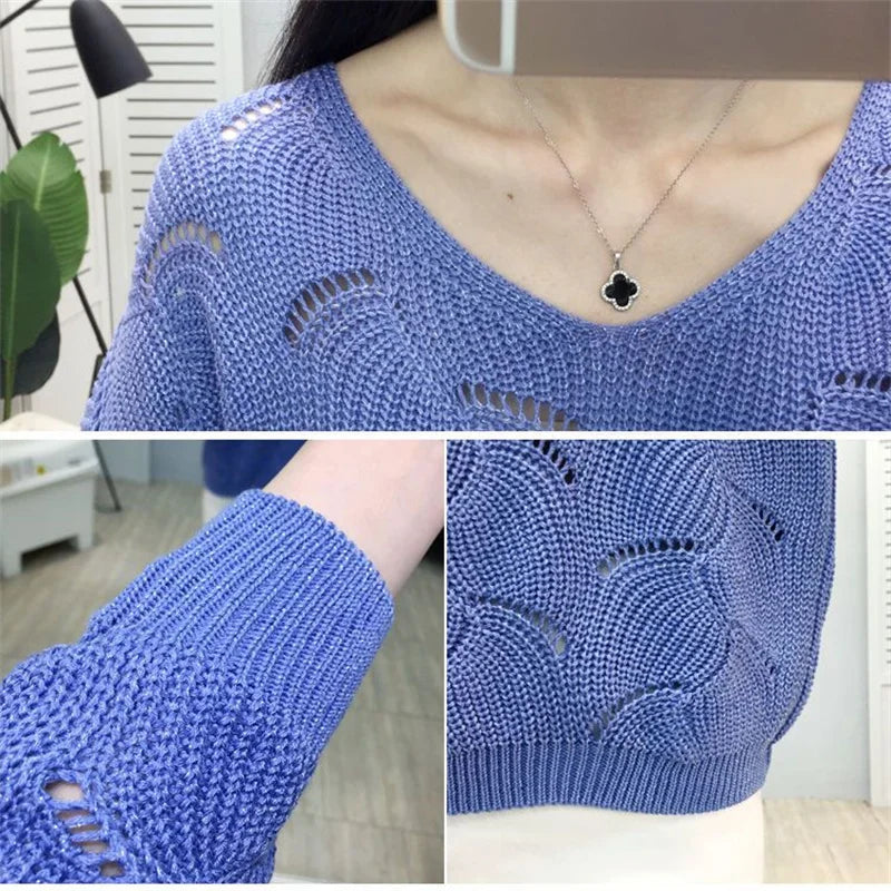 V-neck Elegant Hollow Out Sweet Knitting Top Women Solid